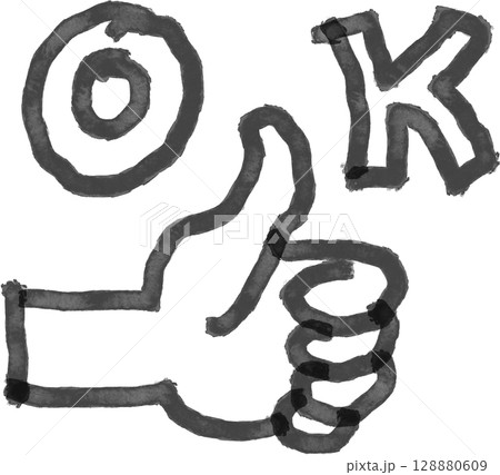墨黒のアートな手描きのOK文字とグッドサインの指アイコン 墨黒のアートな手描きのOK文字とグッドサインの指アイコン 128880609