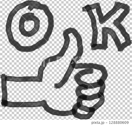 墨黒のアートな手描きのOK文字とグッドサインの指アイコン 墨黒のアートな手描きのOK文字とグッドサインの指アイコン 128880609