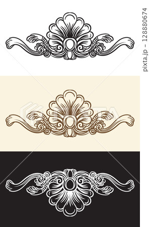 Scroll abstract leaves and seashell engraving design element Scroll abstract leaves and seashell engraving design element 128880674