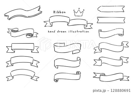 手描き風のシンプルなリボンのセット　モノクロ 128880691