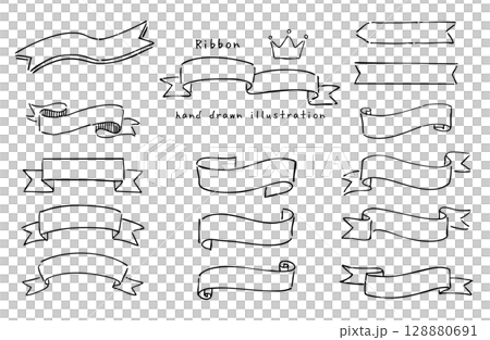 手描き風のシンプルなリボンのセット　モノクロ 128880691