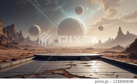 stunning alien landscape with rocky terrain, distant planets, and dramatic sky 128880696