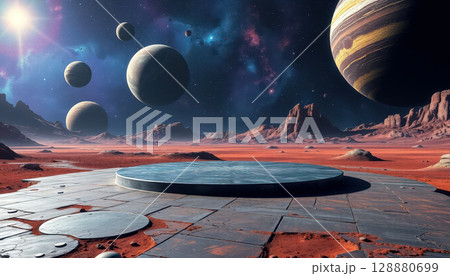 stunning alien landscape featuring barren red terrain, surrounded by multiple planets and starry sky 128880699