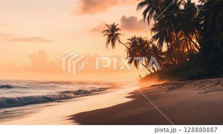 serene tropical beach at sunset with golden hues illuminating sky, palm trees swaying gently, and soft waves lapping against sandy shore, evoking tranquil and dreamy atmosphere. 128880887