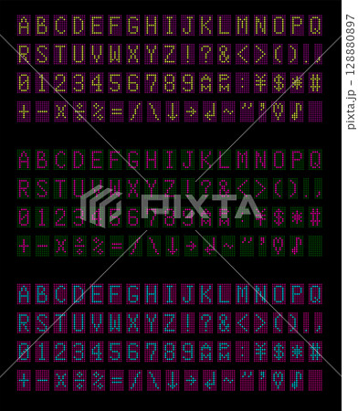 デジタル文字と数字。液晶モニターにアルファベット。時計の文字。黒の背景にデジタルのフォント。 128880897
