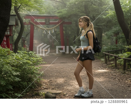 日本の神社を観光する旅行客のイメージ素材 128880961