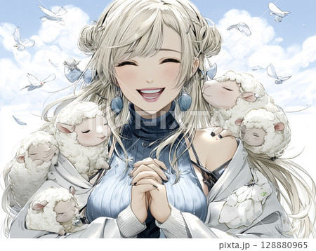 仲間と一緒でニコニコする羊の妖精のイラスト素材 128880965