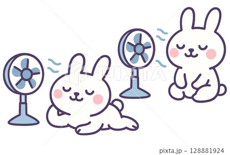 夏の暑さを涼しく乗り切る！かわいいウサギと扇風機の癒し系イラスト 128881924