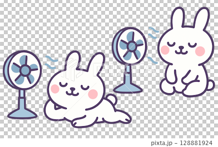 夏の暑さを涼しく乗り切る！かわいいウサギと扇風機の癒し系イラスト 128881924