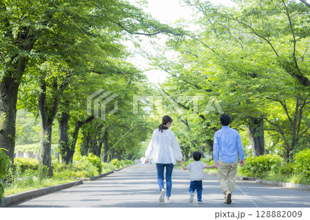 新緑の公園を歩く家族 128882009