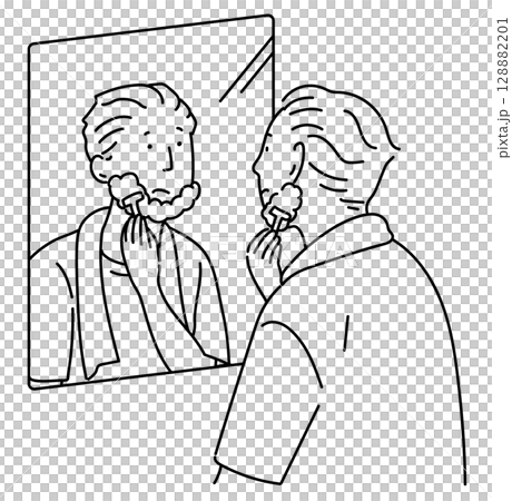 鏡の前で髭を剃るお父さん_線画 鏡の前で髭を剃るお父さん_線画 128882201