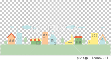 パステルカラーの街並みのかわいい手描きイラスト パステルカラーの街並みのかわいい手描きイラスト 128882221