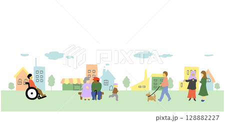 いろいろな人々がいる街並みのかわいい手描きイラスト いろいろな人々がいる街並みのかわいい手描きイラスト 128882227