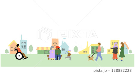 いろいろな人々がいる街並みのかわいい手描きイラスト いろいろな人々がいる街並みのかわいい手描きイラスト 128882228