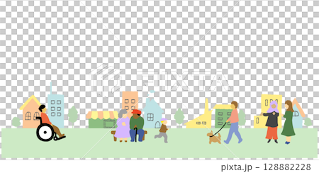 いろいろな人々がいる街並みのかわいい手描きイラスト いろいろな人々がいる街並みのかわいい手描きイラスト 128882228