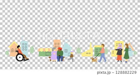 Cute hand drawn illustration of a cityscape with various people 128882229