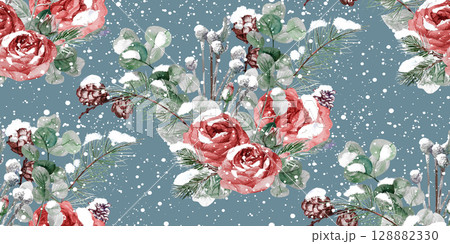 vintage watercolor seamless pattern with Winter Christmas bouquet of roses vintage watercolor seamless pattern with Winter Christmas bouquet of roses 128882330