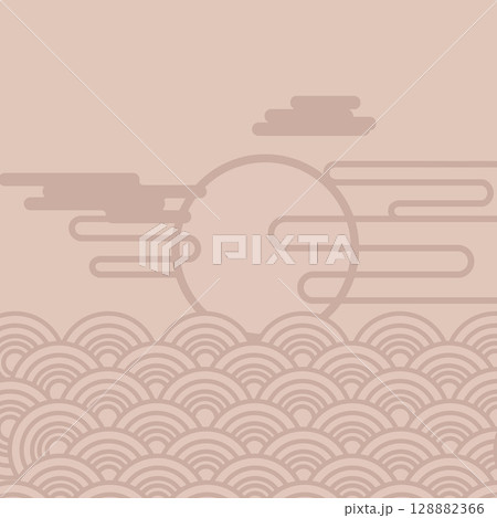 Print Illustration in oriental style with sunset for printing towels in pink shades in vector 128882366