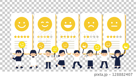 評論評級卡圖示微笑與星星|向量素材背景引人注目 128882407