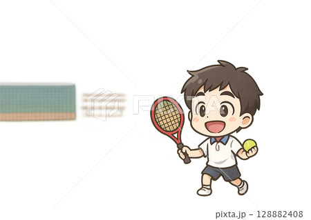 ラリーを楽しむ大学生のミニキャライラスト（テニス・透過PNG・中央余白あり） 128882408