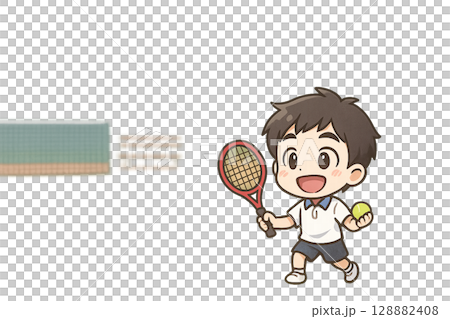 ラリーを楽しむ大学生のミニキャライラスト（テニス・透過PNG・中央余白あり） 128882408