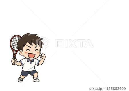 試合前にガッツポーズする大学生のミニキャライラスト（テニス・透過PNG・中央余白あり） 128882409