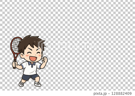 試合前にガッツポーズする大学生のミニキャライラスト（テニス・透過PNG・中央余白あり） 128882409