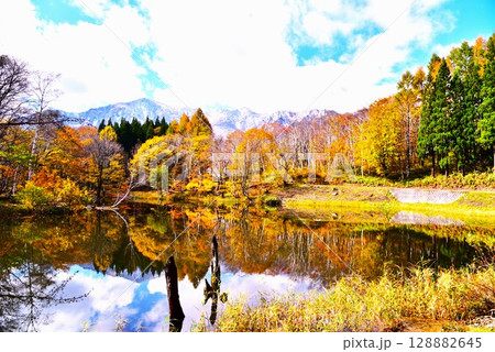 紅葉の秋山郷天池・冠雪の鳥甲山風景 128882645