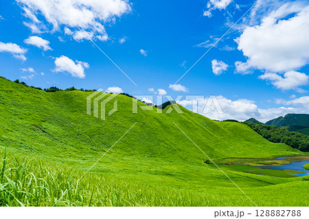 奈良県曽爾村　真夏の曽爾高原と青空に浮かぶ雲 128882788