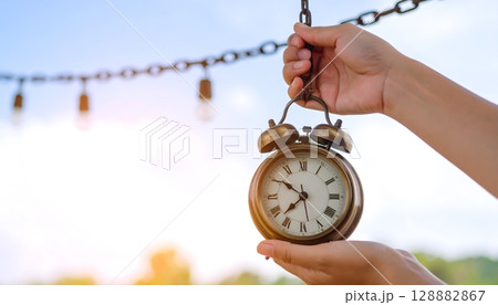 Vintage Clock Held in Hand Against Blue Sky 128882867