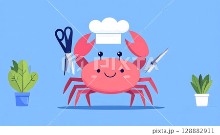 Cartoon Crab Chef Ready to Cook and Serve Seafood 128882911