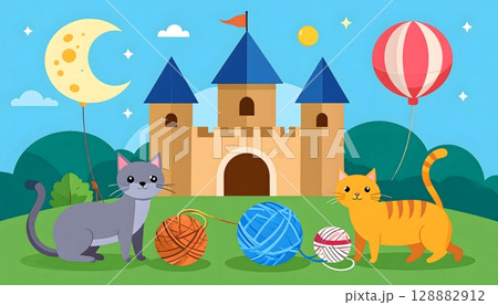 Cartoon Cats with Yarn Playing at Castle Illustration 128882912