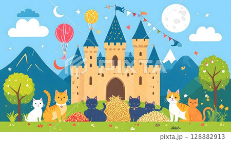 Whimsical Castle Landscape with Cats, Hot Air Balloons, and Festive Banners 128882913