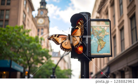 Traffic Light Adorned with Map and Butterfly 128882961