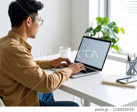 デスクワークに集中:モダンオフィスで働く日本人男性 デスクワークに集中:モダンオフィスで働く日本人男性 128883039