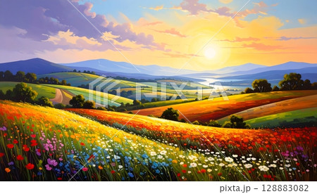 Blooming Flower Meadow in Summer Landscape at Sunset 128883082