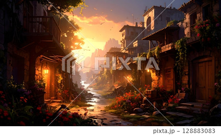 Scenic Village Street at Sunset with River and Stone Buildings 128883083