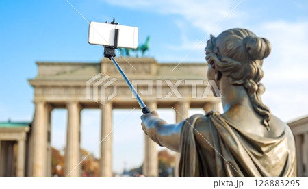 Statue Taking Selfie at Brandenburg Gate in Berlin 128883295