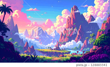Vibrant Pixel Art Landscape with Mountains and Floating Island 128883341