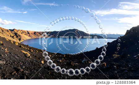 Volcanic Lake Landscape with Soap Bubble Spiral Art 128883364