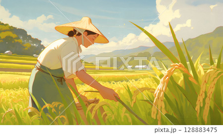 稲田の中を歩く農夫 稲田の中を歩く農夫 128883475
