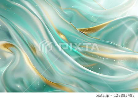 金とグリーンの光沢が流れる抽象的な高級感ある背景 128883485