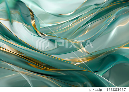 金とグリーンの光沢が流れる抽象的な高級感ある背景 金とグリーンの光沢が流れる抽象的な高級感ある背景 128883487