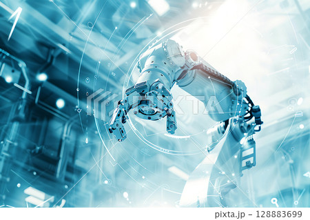 スマート工場で活躍するロボットアームと未来的制御シーン スマート工場で活躍するロボットアームと未来的制御シーン 128883699