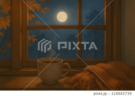 満月を眺める秋の夜の窓辺と温かい飲み物、 秋の夜長に月を見ながら過ごす静かなひととき、 湯気立つカッ 満月を眺める秋の夜の窓辺と温かい飲み物、 秋の夜長に月を見ながら過ごす静かなひととき、 湯気立つカッ 128883739