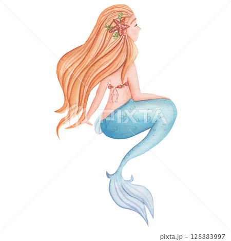 Watercolor cute mermaid in blue. Children's illustration for scrapbooking 128883997