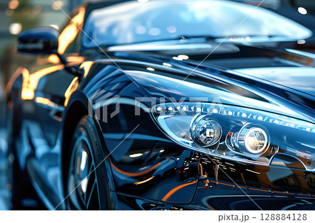 ヘッドライトと曲線美が際立つ高級車のクローズアップショット 128884128