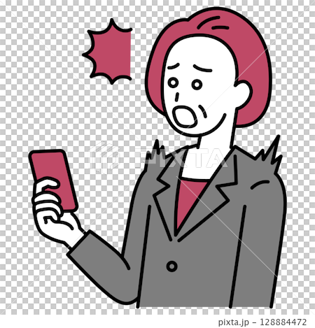 A middle-aged woman in a suit is surprised at the screen of her smartphone 128884472