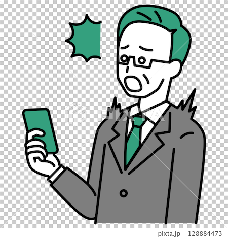 スマートフォンの画面を見て驚く中年のスーツの男性 128884473