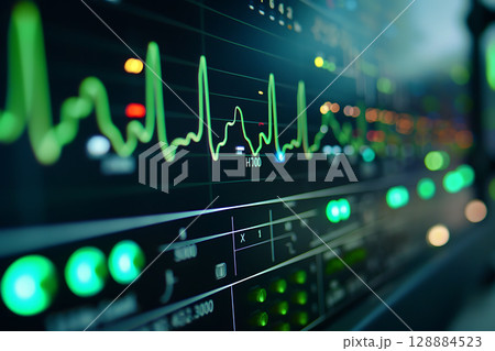 電子計測装置の波形モニターとデータ表示のアップ構図 128884523